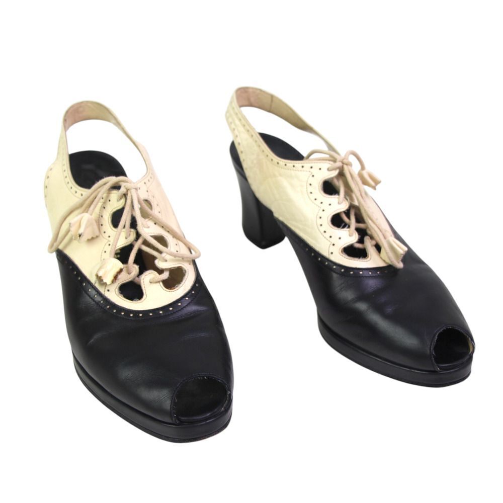 Stephane Kelian BLACK BEIGE LEATHER MID HEEL OPEN TOE LACE SLINGBACK SANDALS 5